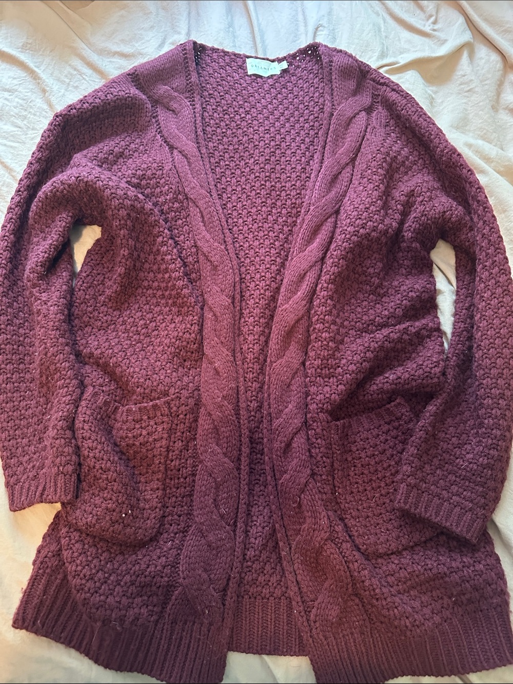 Dreamers Plum Cable-Trim Seed Stitch Open Cardigan